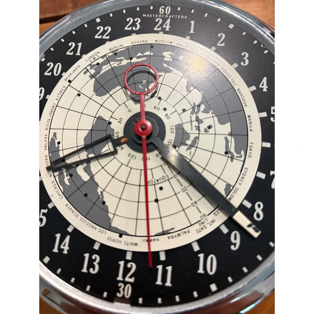Mastercrafters 24 Hour World Time Clock Vintage Chrome Electric Wall Map Works